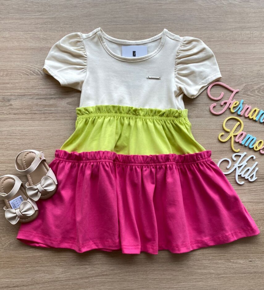 Vestido Infantil Feminino Curto Bege, Verde e Pink Fernanda Ramos Kids