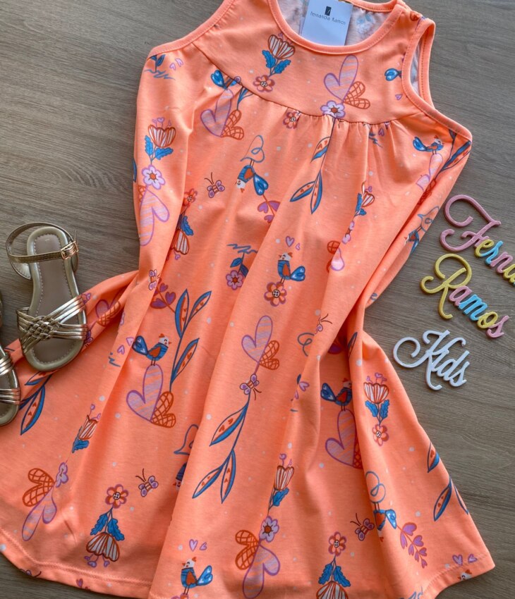 fernandaramoskids com br Vestido Infantil Feminino Curto de Malha Estampado Laranja 1