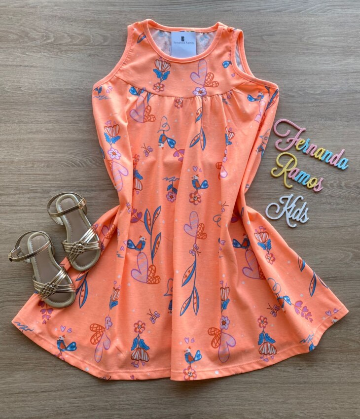 Vestido Infantil Feminino Curto de Malha Estampado Laranja Fernanda Ramos Kids