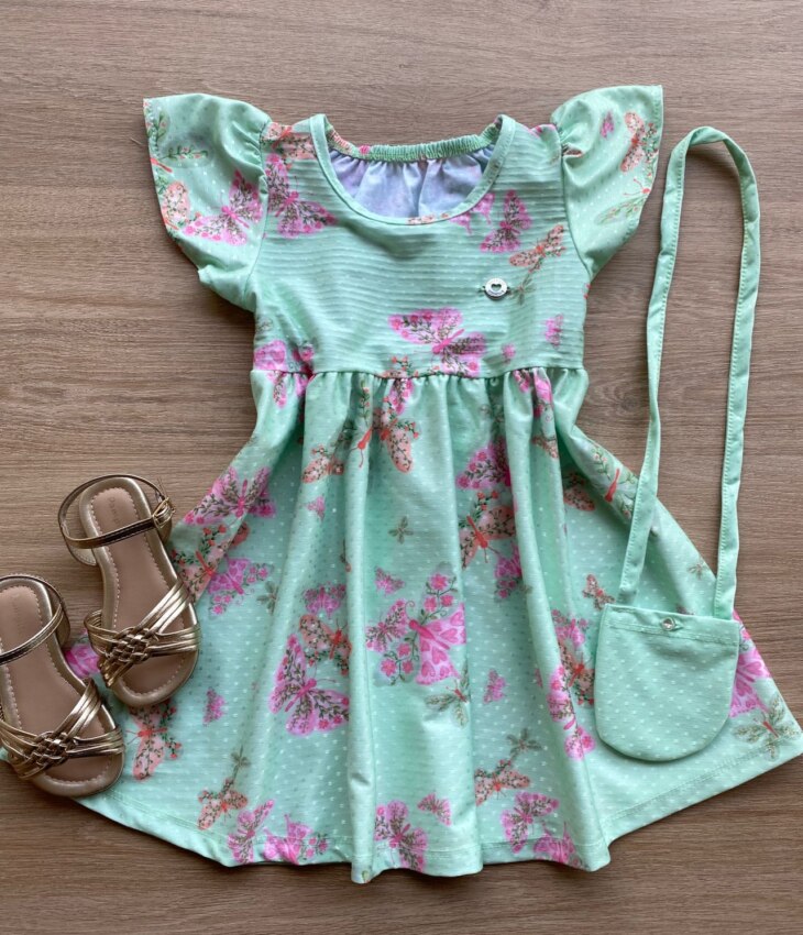 Vestido Infantil Feminino Curto Estampa Borboletas Fundo Verde Fernanda Ramos Kids