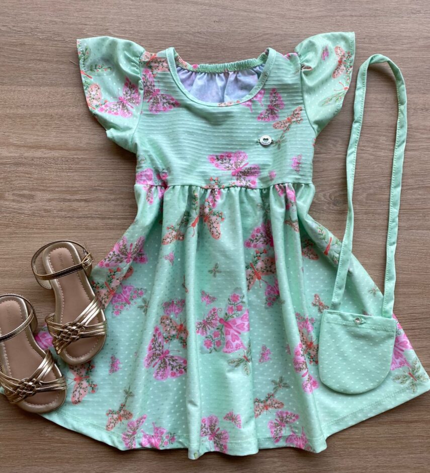 Vestido Infantil Feminino Curto Estampa Borboletas Fundo Verde Fernanda Ramos Kids