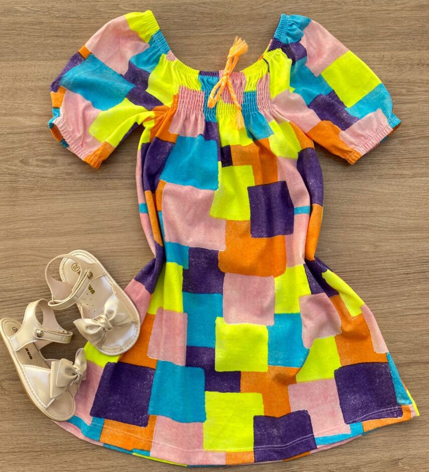 Vestido Infantil Feminino Curto Estampa Detalhe em Lastex Fernanda Ramos Kids