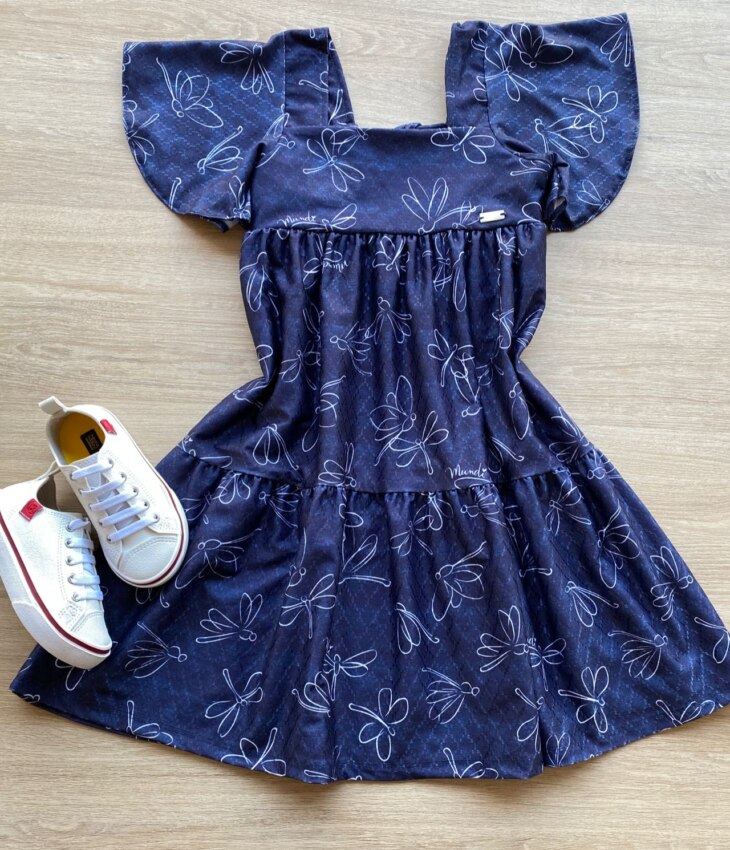 Vestido Infantil Feminino Curto Estampado Azul Petróleo Fernanda Ramos Kids