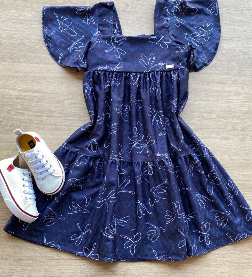 Vestido Infantil Feminino Curto Estampado Azul Petróleo Fernanda Ramos Kids