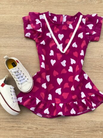 Vestido Infantil Feminino Curto Estampado Corações Fúcsia Fernanda Ramos Kids