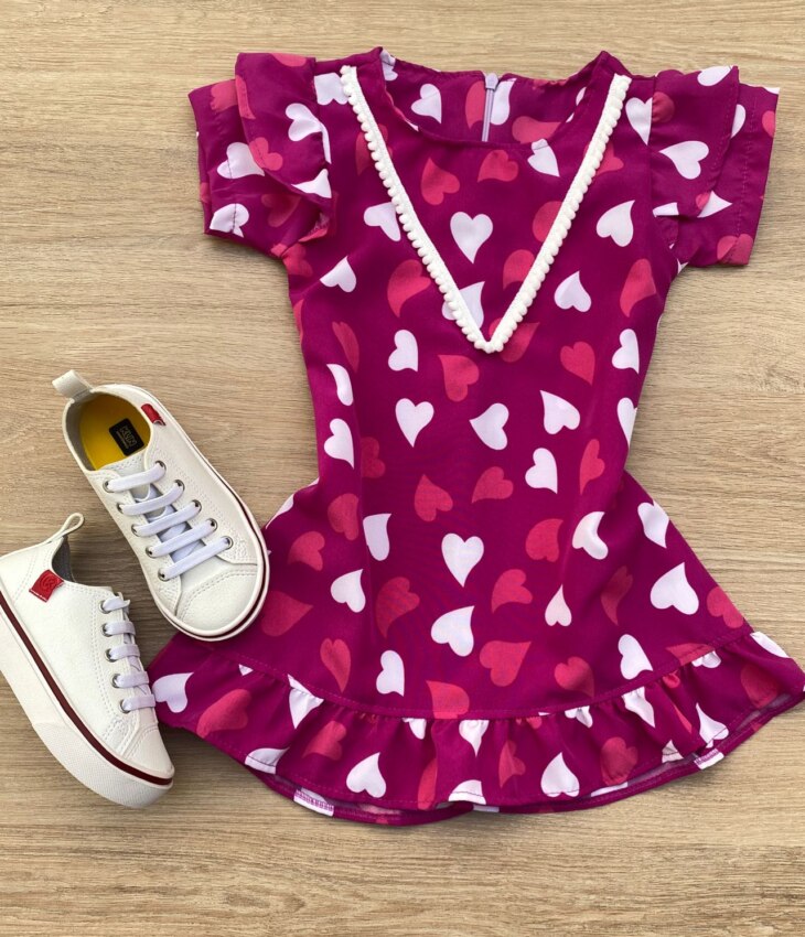 Vestido Infantil Feminino Curto Estampado Corações Fúcsia Fernanda Ramos Kids