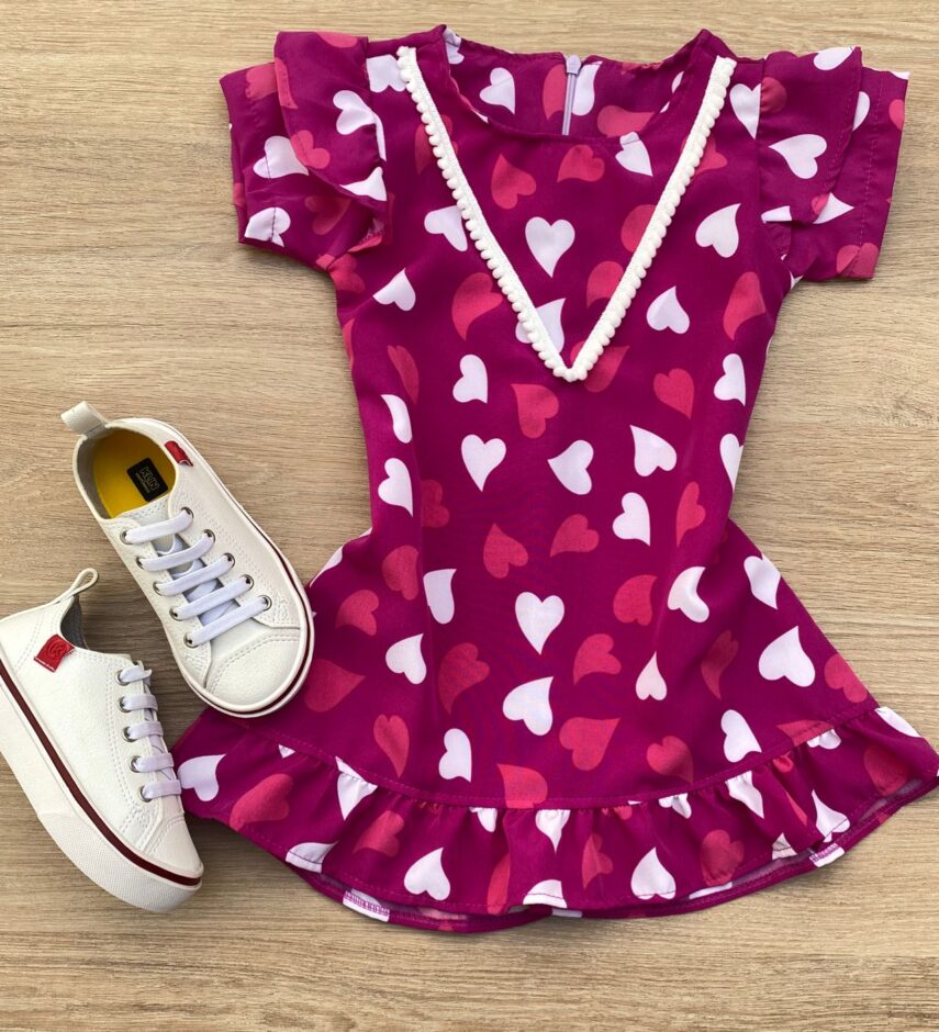 Vestido Infantil Feminino Curto Estampado Corações Fúcsia Fernanda Ramos Kids