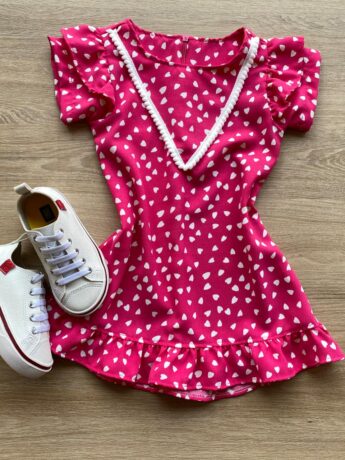 Vestido Infantil Feminino Curto Estampado Corações Pink Fernanda Ramos Kids