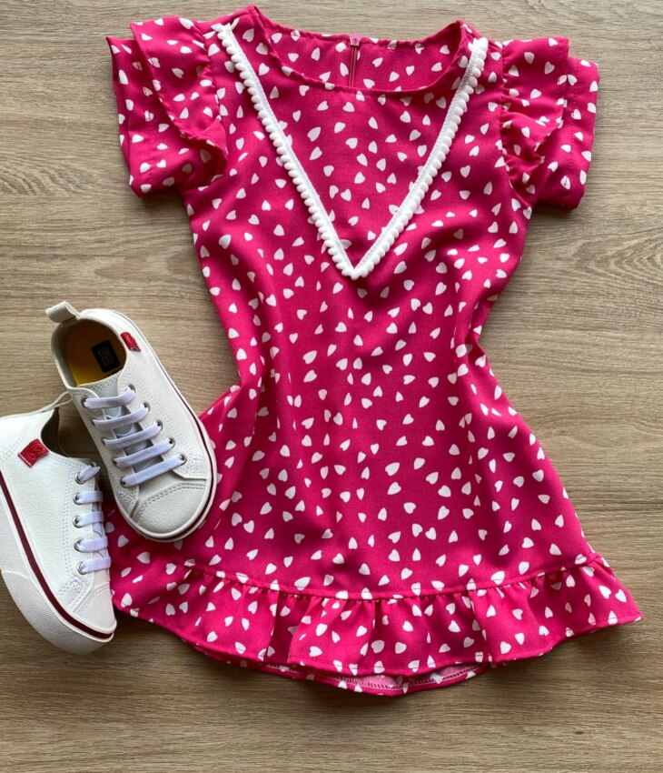 Vestido Infantil Feminino Curto Estampado Corações Pink Fernanda Ramos Kids