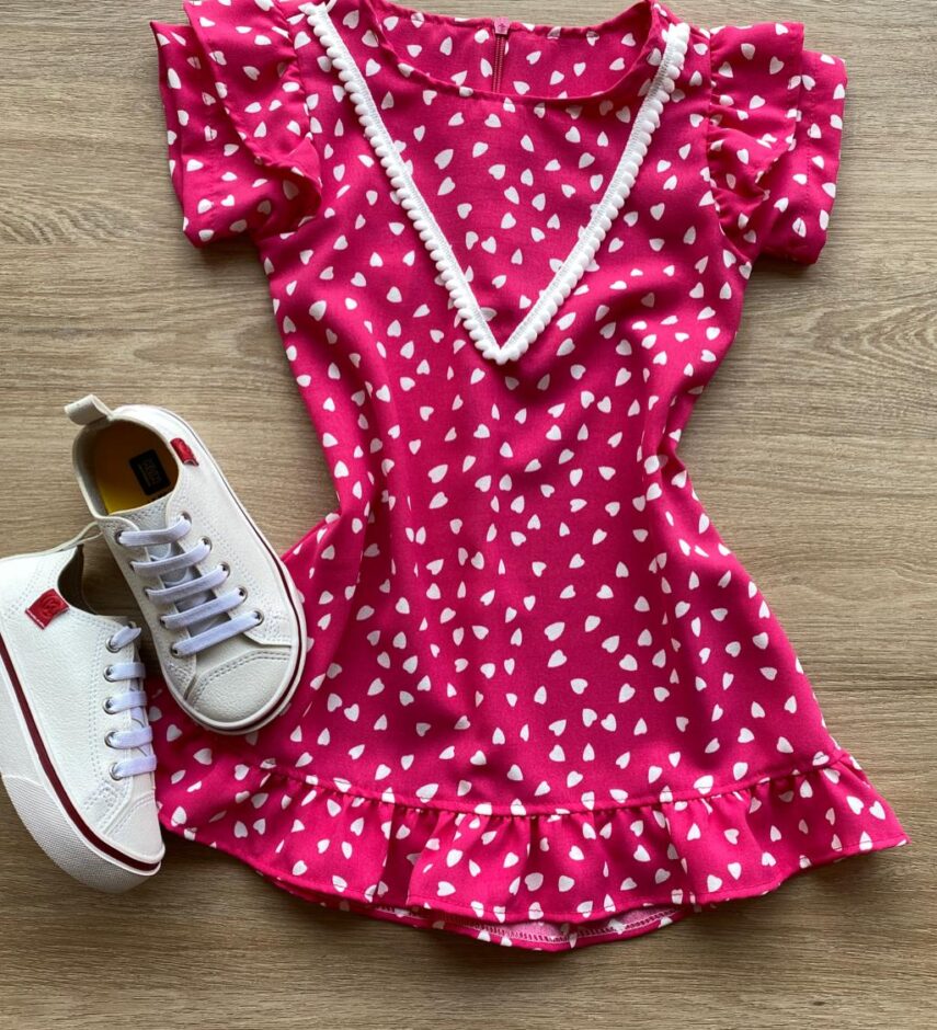 Vestido Infantil Feminino Curto Estampado Corações Pink Fernanda Ramos Kids