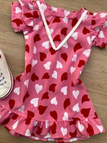 fernandaramoskids com br Vestido Infantil Feminino Curto Estampado Corações Rosa 1