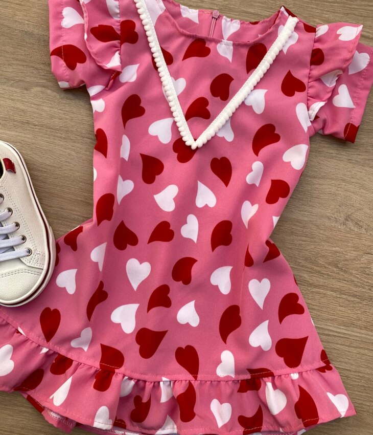 fernandaramoskids com br Vestido Infantil Feminino Curto Estampado Corações Rosa 1