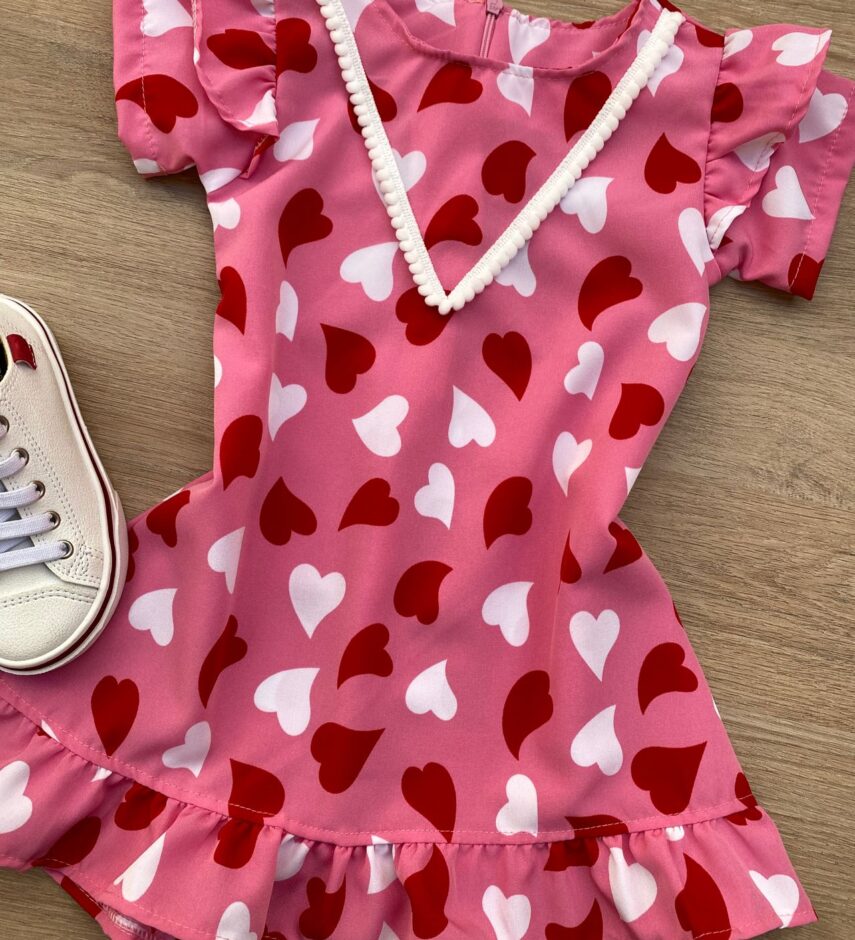fernandaramoskids com br Vestido Infantil Feminino Curto Estampado Corações Rosa 1