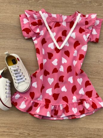 Vestido Infantil Feminino Curto Estampado Corações Rosa Fernanda Ramos Kids