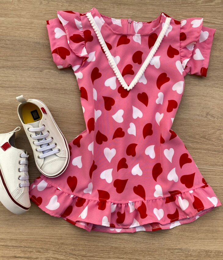 Vestido Infantil Feminino Curto Estampado Corações Rosa Fernanda Ramos Kids