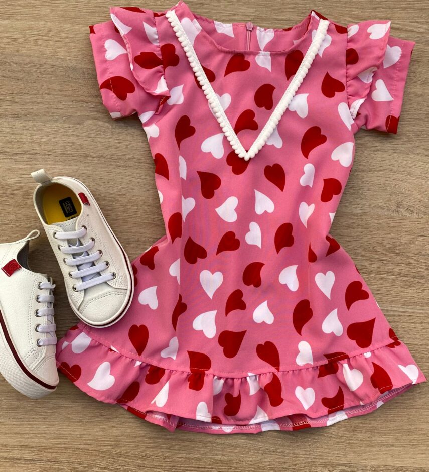 Vestido Infantil Feminino Curto Estampado Corações Rosa Fernanda Ramos Kids