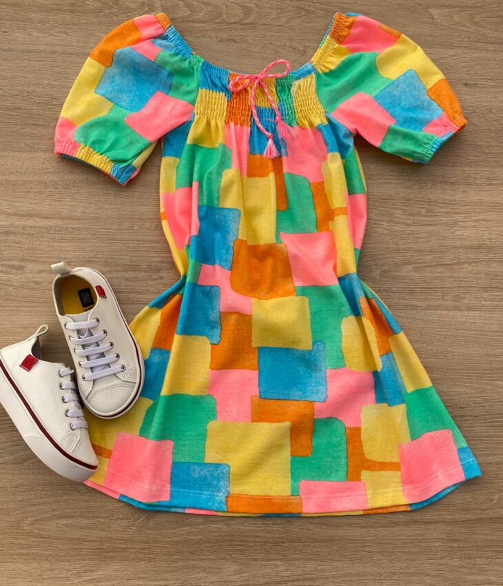 Vestido Infantil Feminino Curto Estampado Detalhe em Lastex Fernanda Ramos Kids