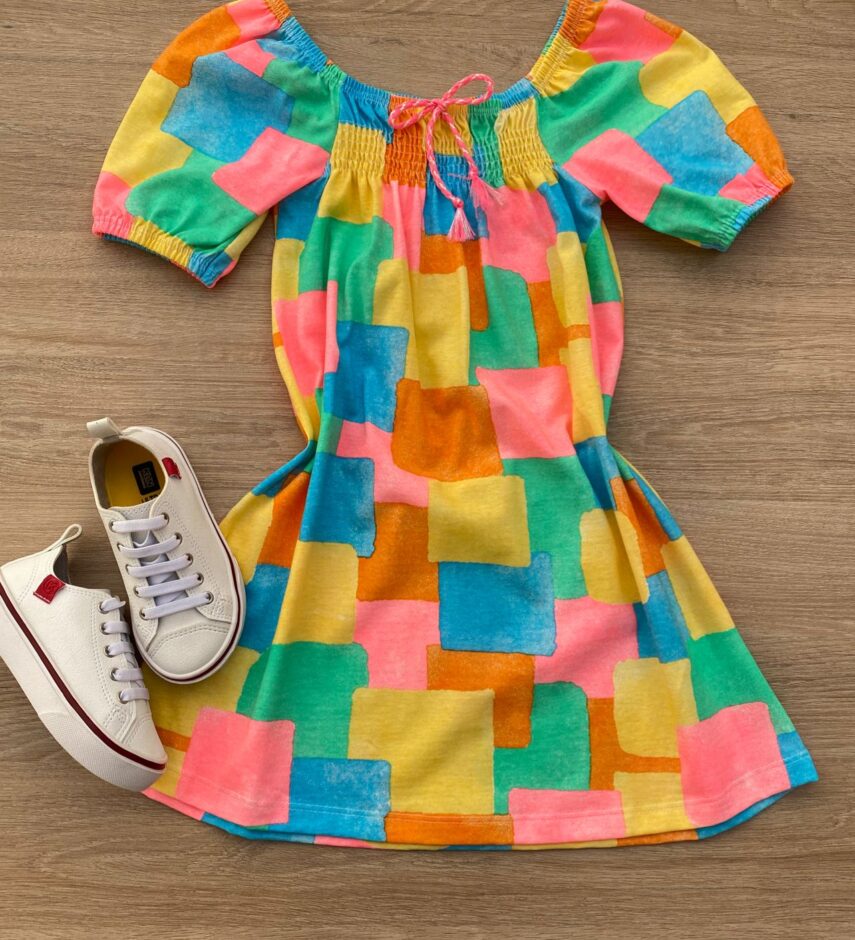Vestido Infantil Feminino Curto Estampado Detalhe em Lastex Fernanda Ramos Kids