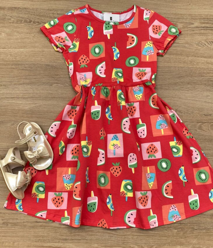 Vestido Infantil Feminino Curto Estampado Frutinhas Vermelho Fernanda Ramos Kids