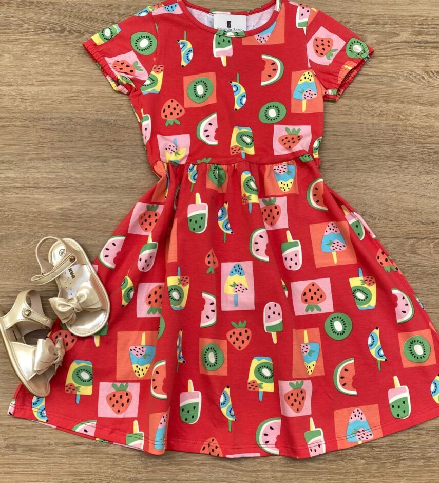 Vestido Infantil Feminino Curto Estampado Frutinhas Vermelho Fernanda Ramos Kids