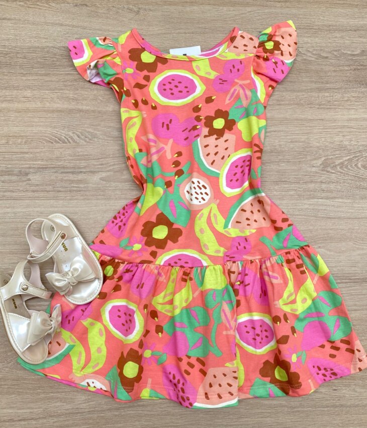 Vestido Infantil Feminino Curto Estampado Manga Babado Fernanda Ramos Kids