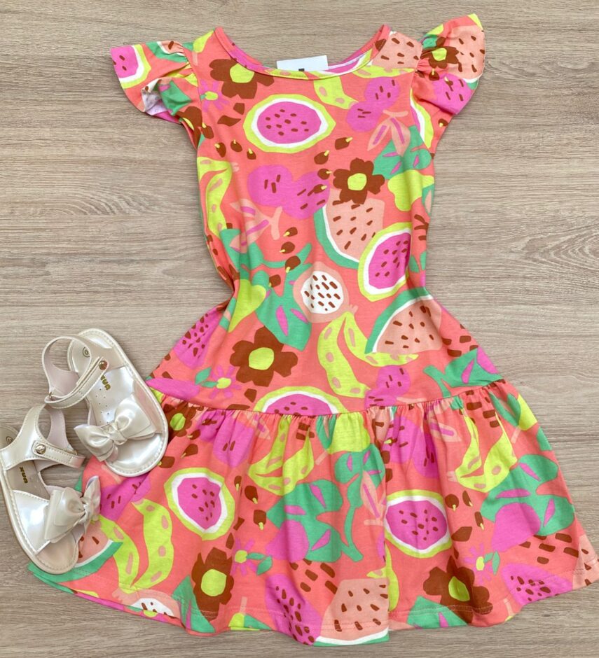 Vestido Infantil Feminino Curto Estampado Manga Babado Fernanda Ramos Kids