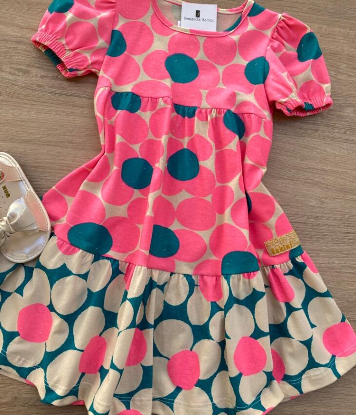 fernandaramoskids com br Vestido Infantil Feminino Curto Estampado Pink Flúor Manga Curta 1