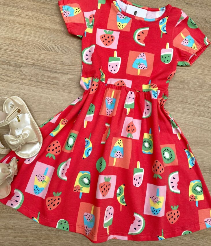 fernandaramoskids com br Vestido Infantil Feminino Curto Estampado Sorvete Vermelho 1