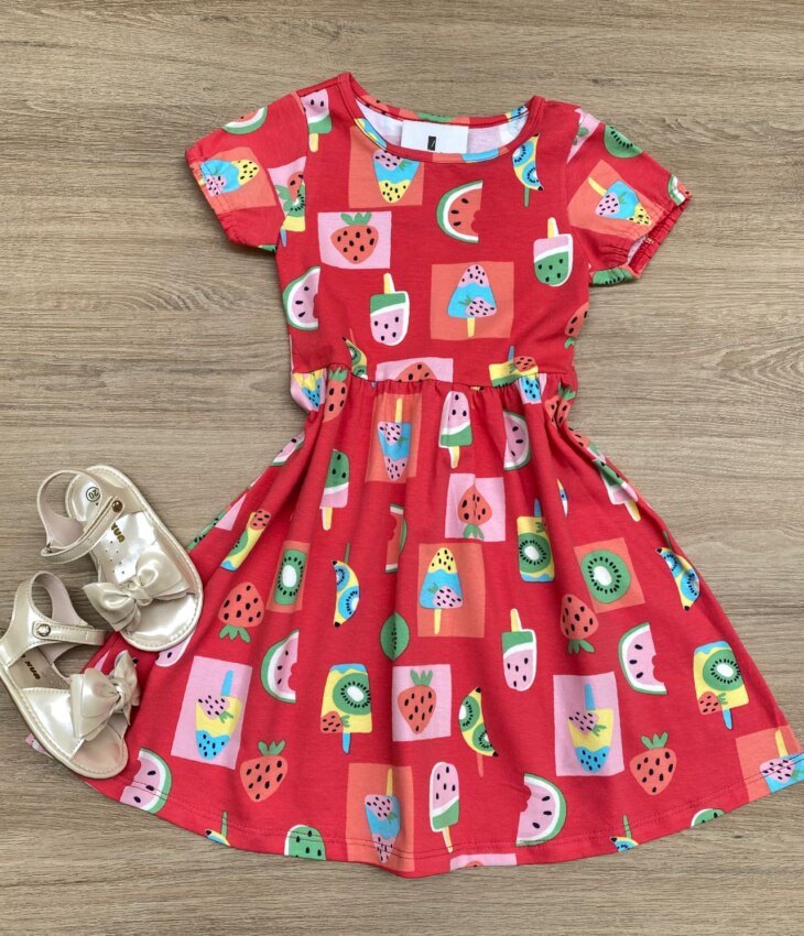Vestido Infantil Feminino Curto Estampado Sorvete Vermelho Fernanda Ramos Kids