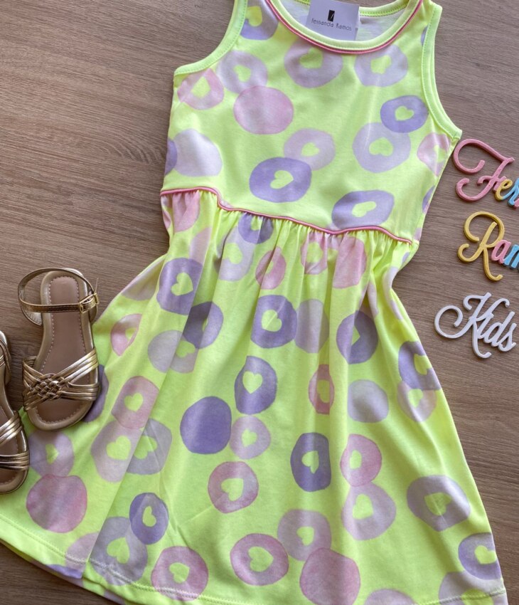 fernandaramoskids com br Vestido Infantil Feminino Curto Estampado Verde Flúor 1