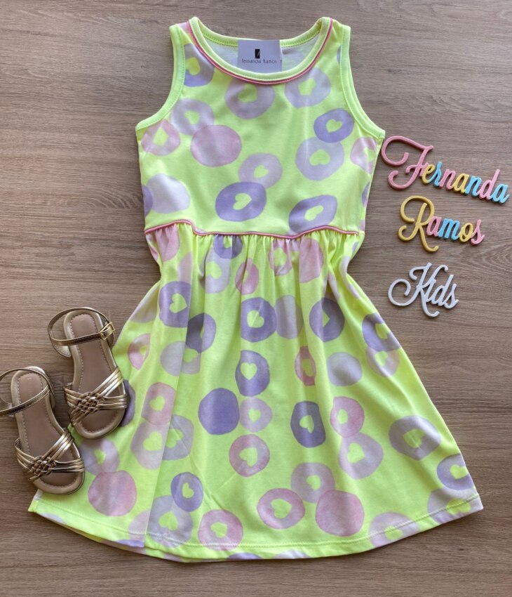 Vestido Infantil Feminino Curto Estampado Verde Flúor Fernanda Ramos Kids