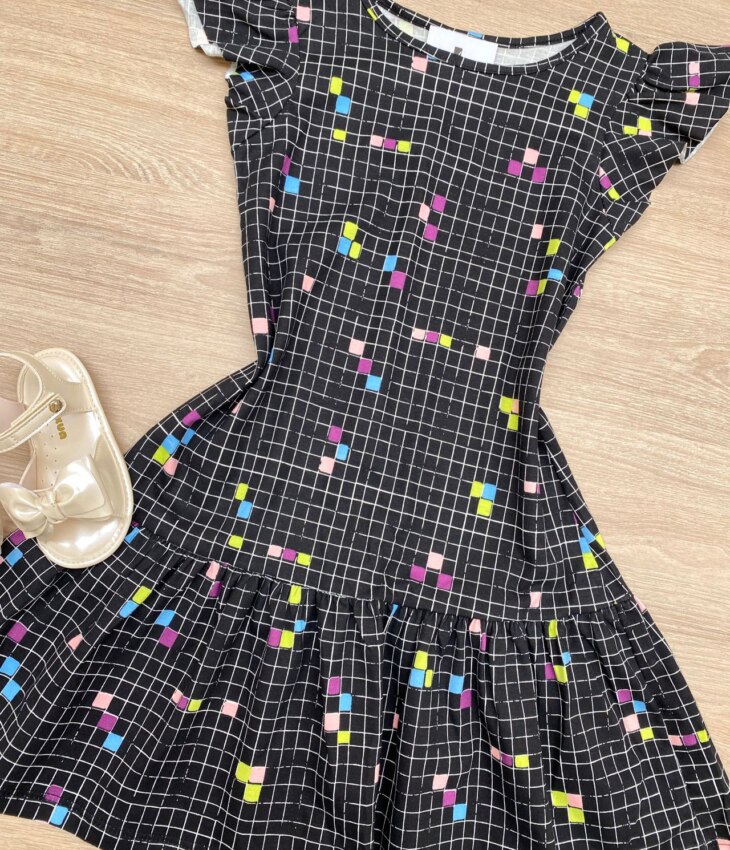 fernandaramoskids com br Vestido Infantil Feminino Curto Estampado Xadrez Preto 1