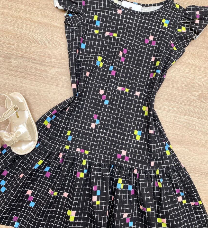 fernandaramoskids com br Vestido Infantil Feminino Curto Estampado Xadrez Preto 1