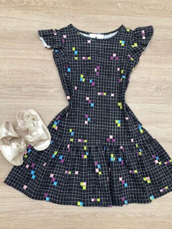 Vestido Infantil Feminino Curto Estampado Xadrez Preto Fernanda Ramos Kids