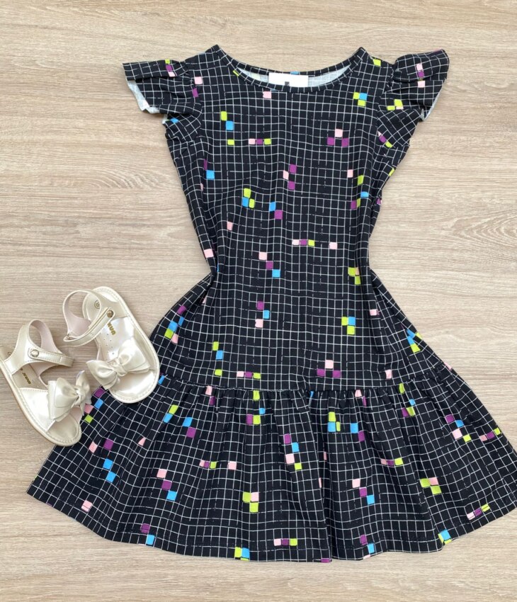 Vestido Infantil Feminino Curto Estampado Xadrez Preto Fernanda Ramos Kids