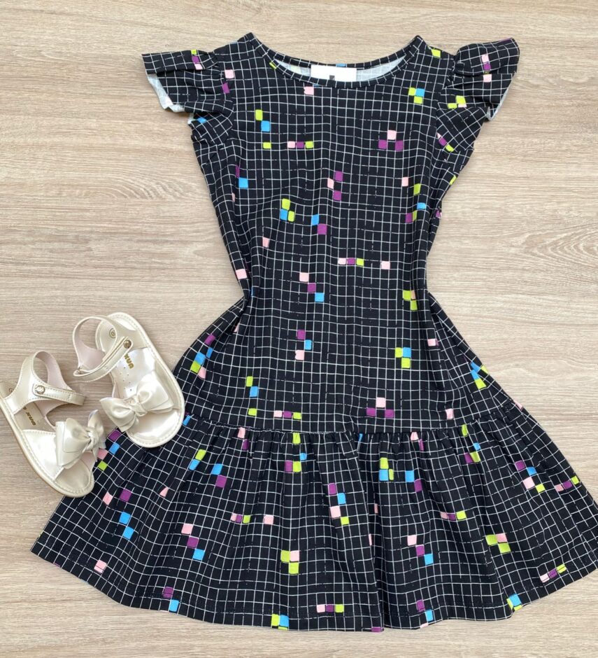 Vestido Infantil Feminino Curto Estampado Xadrez Preto Fernanda Ramos Kids