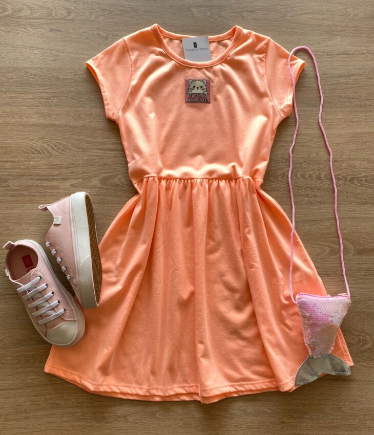 Vestido Infantil Feminino Curto Fashion Bichinho Laranja Fernanda Ramos Kids
