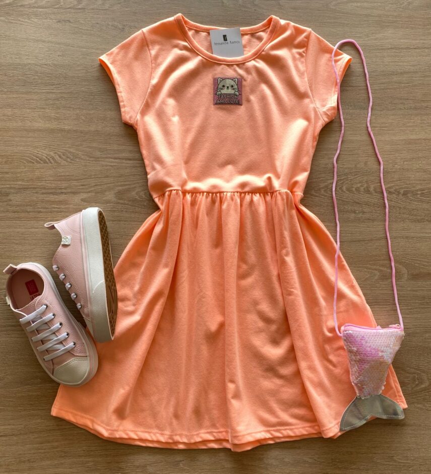 Vestido Infantil Feminino Curto Fashion Bichinho Laranja Fernanda Ramos Kids