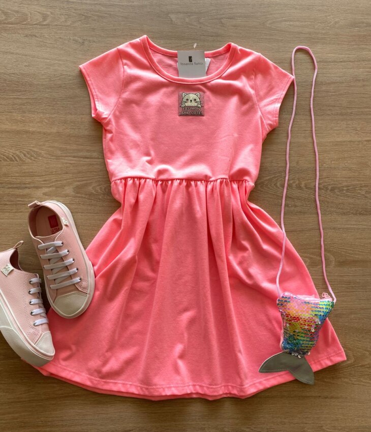 Vestido Infantil Feminino Curto Fashion Bichinho Rosa Fernanda Ramos Kids