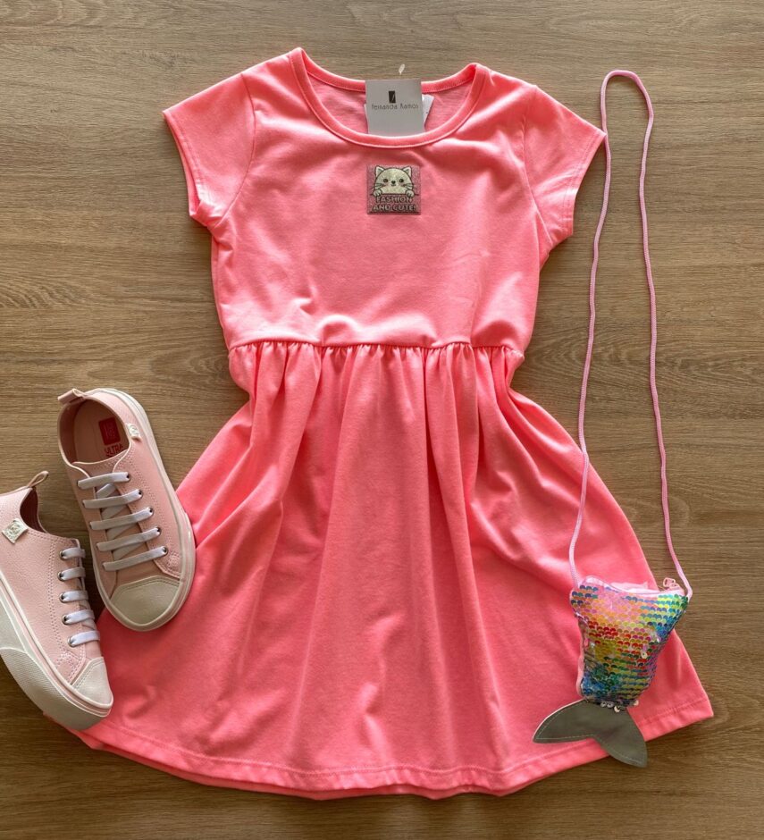 Vestido Infantil Feminino Curto Fashion Bichinho Rosa Fernanda Ramos Kids