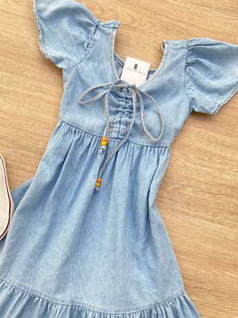 fernandaramoskids com br Vestido Infantil Feminino Curto Jeans Claro com Amarração 1