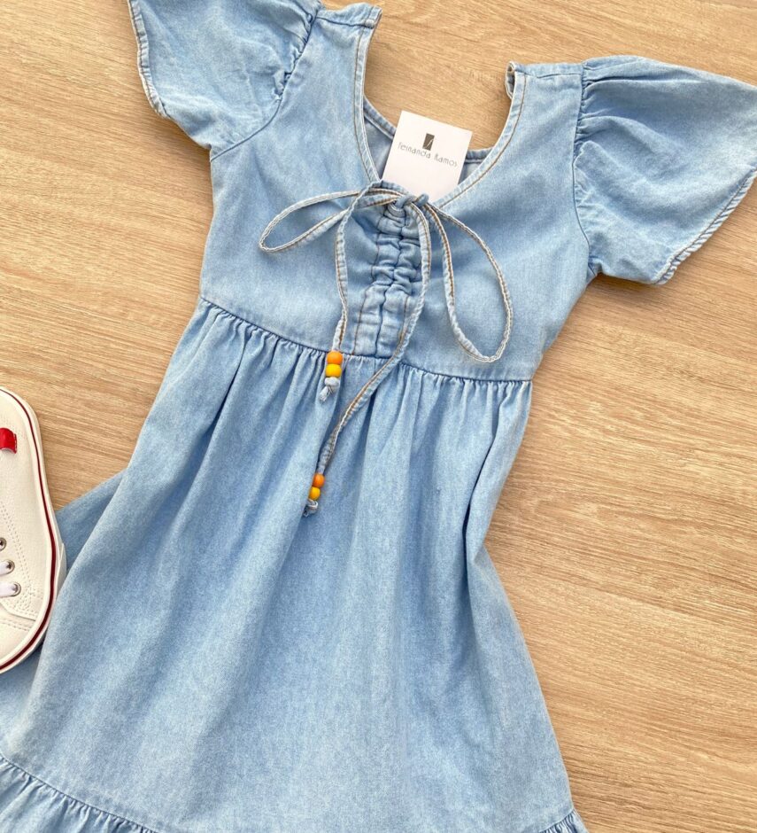 fernandaramoskids com br Vestido Infantil Feminino Curto Jeans Claro com Amarração 1