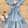 Vestido Infantil Feminino Curto Jeans Claro com Amarração Fernanda Ramos Kids