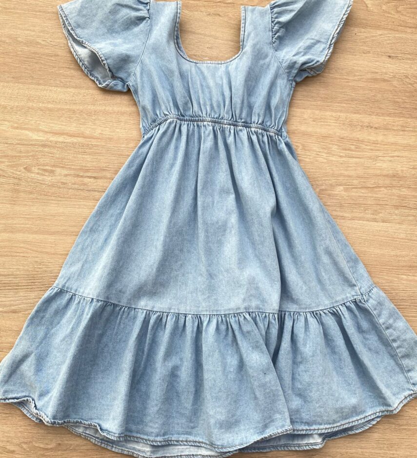 fernandaramoskids com br Vestido Infantil Feminino Curto Jeans Claro com Amarração 2