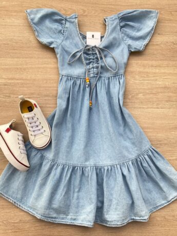 Vestido Infantil Feminino Curto Jeans Claro com Amarração Fernanda Ramos Kids