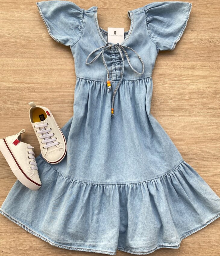 Vestido Infantil Feminino Curto Jeans Claro com Amarração Fernanda Ramos Kids