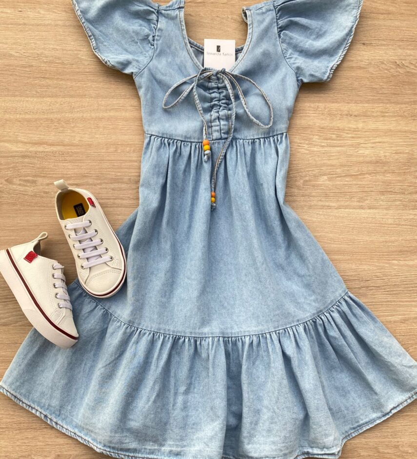 Vestido Infantil Feminino Curto Jeans Claro com Amarração Fernanda Ramos Kids