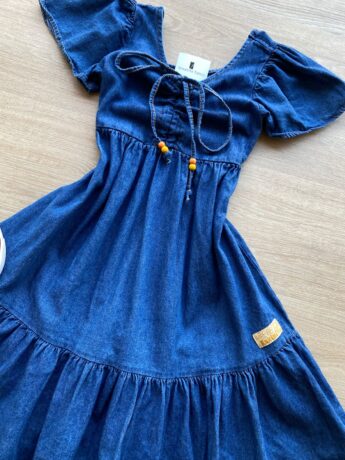 fernandaramoskids com br Vestido Infantil Feminino Curto Jeans com Amarração 1