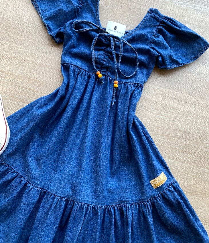 fernandaramoskids com br Vestido Infantil Feminino Curto Jeans com Amarração 1