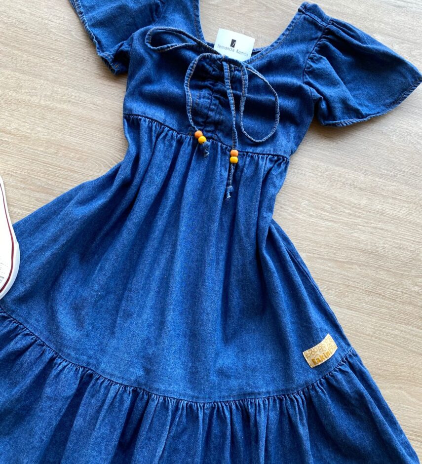 fernandaramoskids com br Vestido Infantil Feminino Curto Jeans com Amarração 1